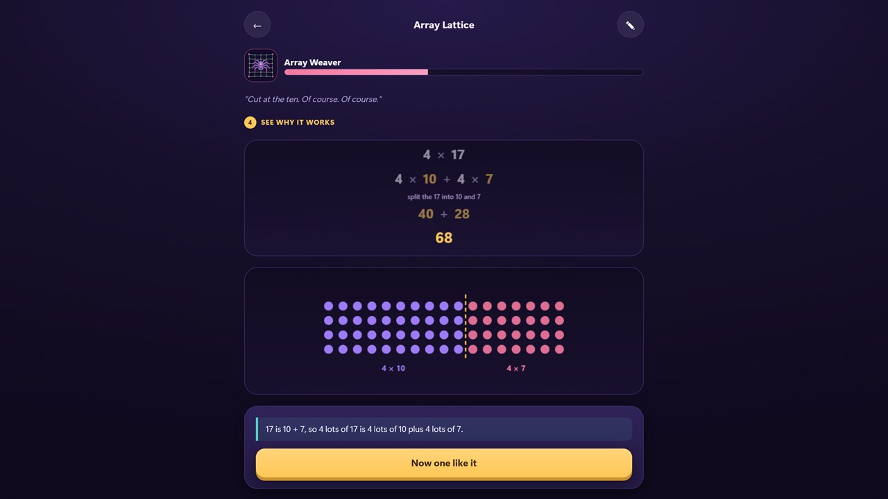 AddVenture worked-example screen showing an array multiplication strategy