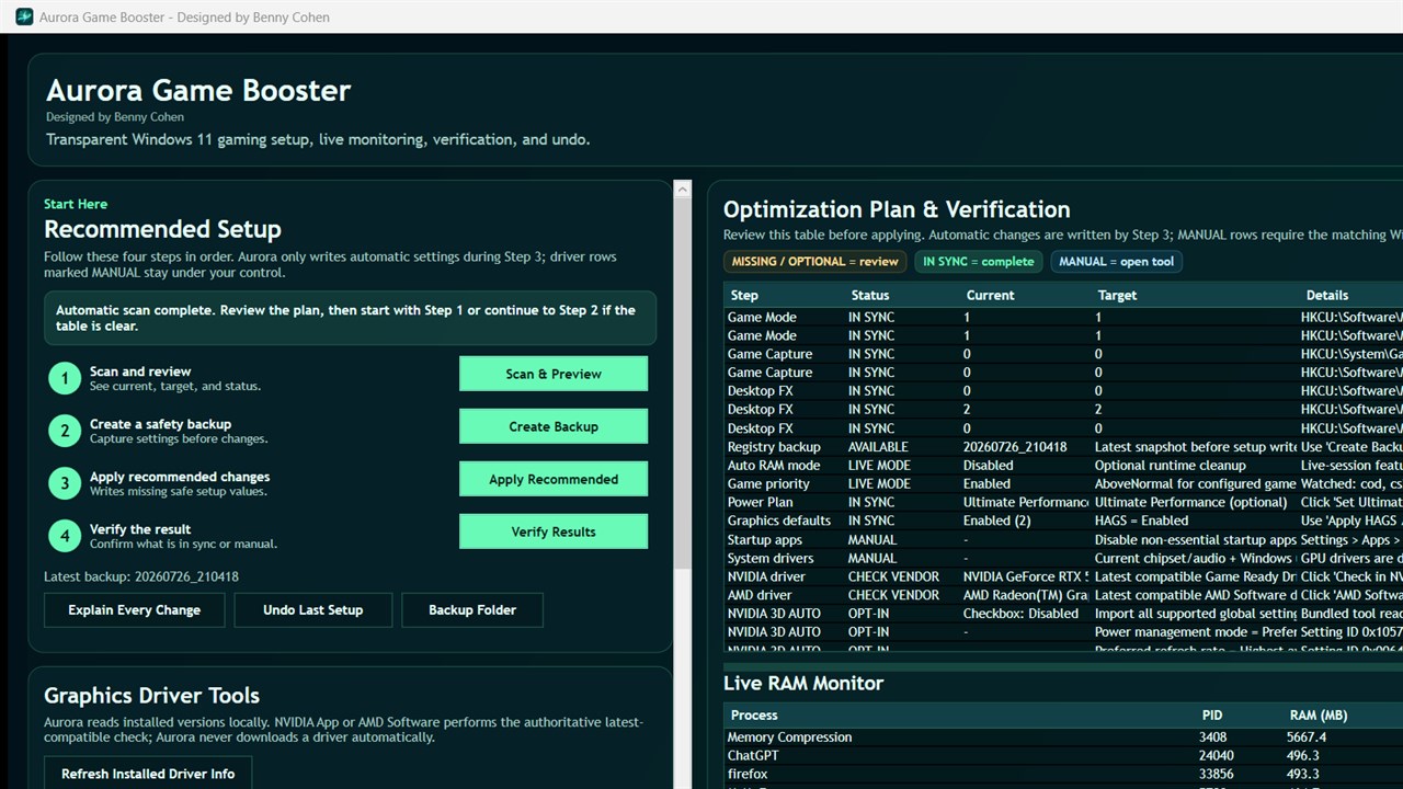 Aurora Game Booster system status and optimisation plan