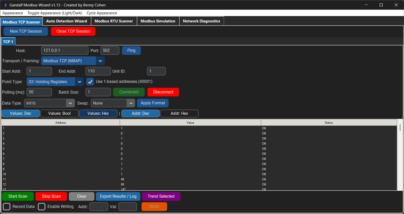 Gandalf Modbus Wizard scanning live holding registers
