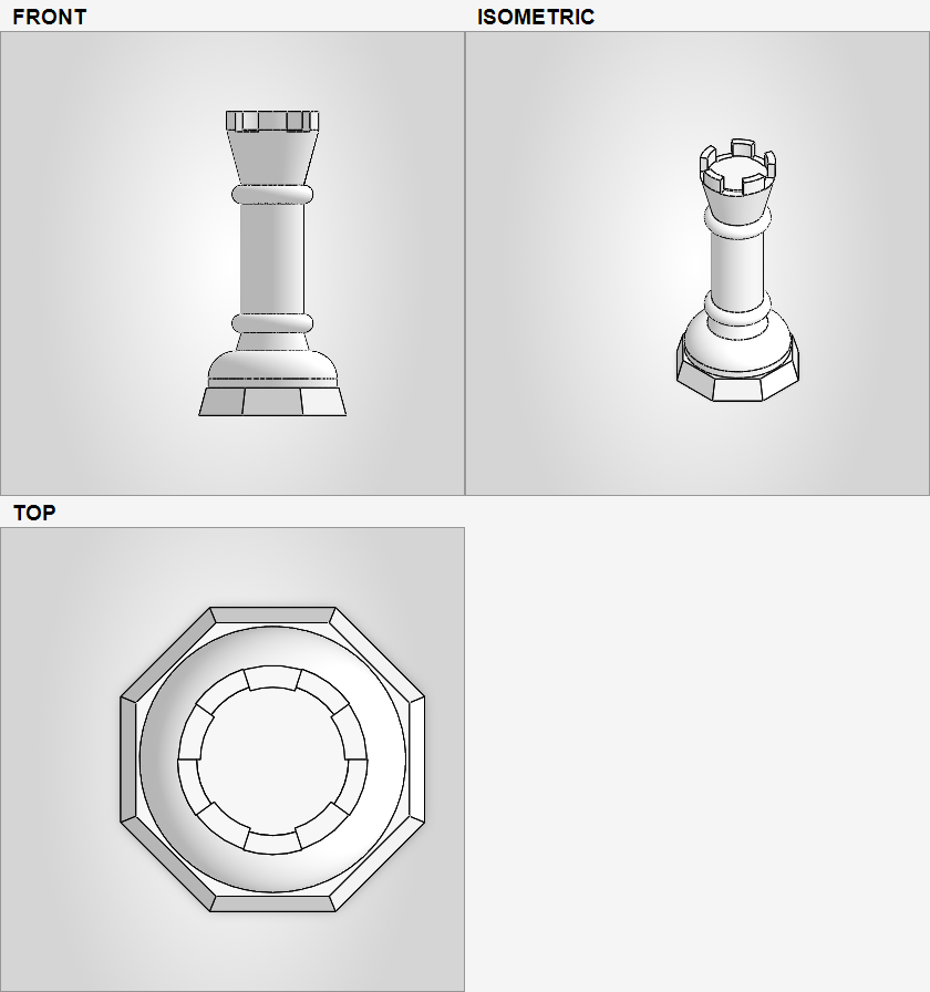 Front, isometric, and top views of a chess rook created through the Ultron Onshape MCP workflow